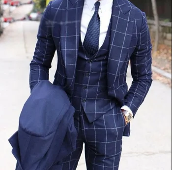

2020 Men's Blue Wool Three Piece Suits Checkered/Paild Peak Lapel Two Button Formal Tuxedos Groom Party Wide Lapel Suit