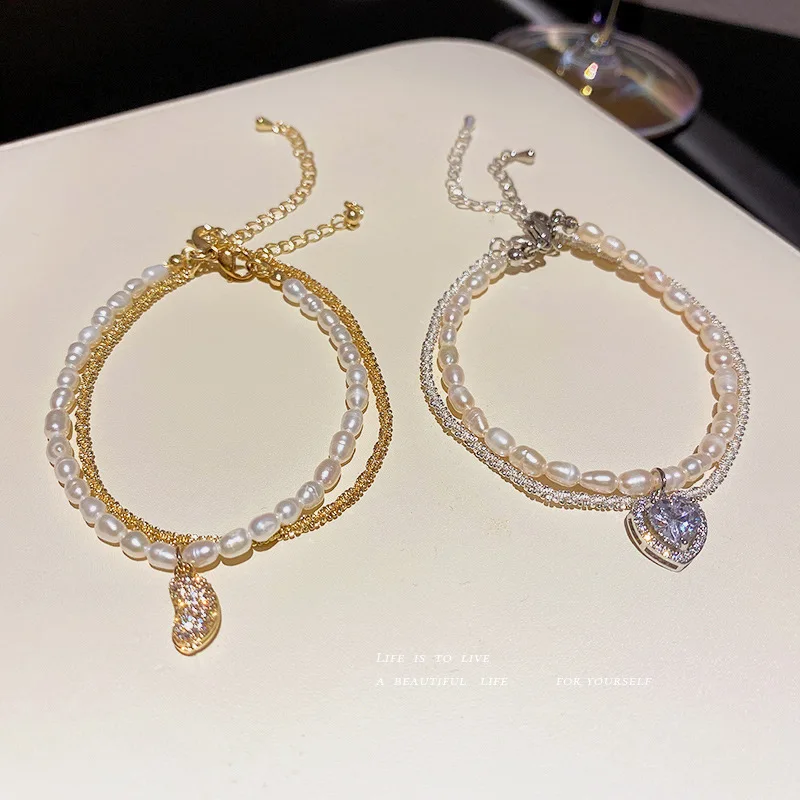 Korea Micro Paved Zircon Peanut Love Heart Bracelet Women Simple Delicate 2 Layers Pearl Beaded Bracelets For BY-301 | Украшения и