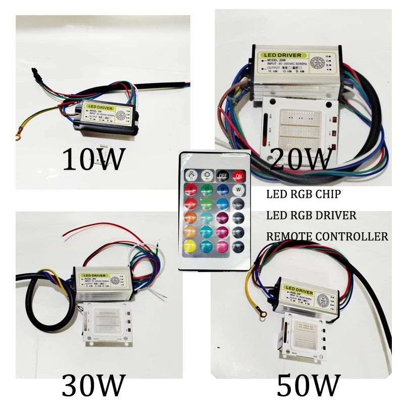 

1/2/3/5/10pcs LED Diode RGB Chip+Driver+Remote Dimmer 1 Set Super Bright 10W~50W COB High Power DIY Flood Light Colorful 24 Key