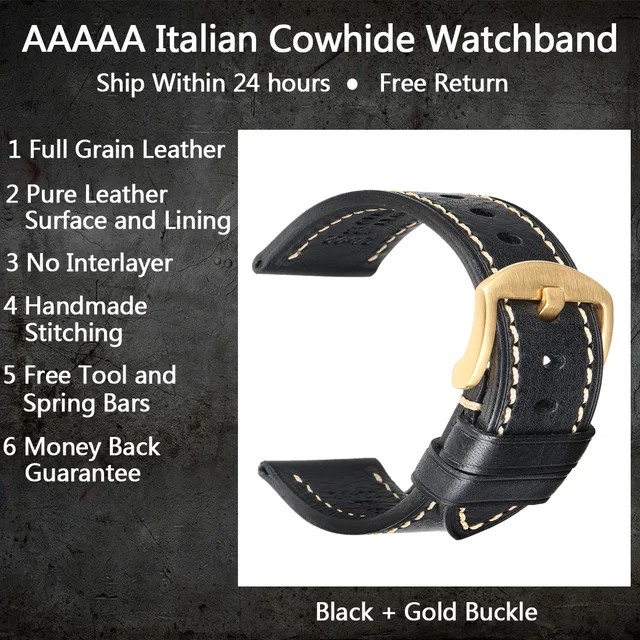 MAIKES Handmade Watch Band Genuine Cow Leather Watch Strap With Butterfly Buckle Bracelet For MONTBLANC Tudor Watchbands Black G Buckle