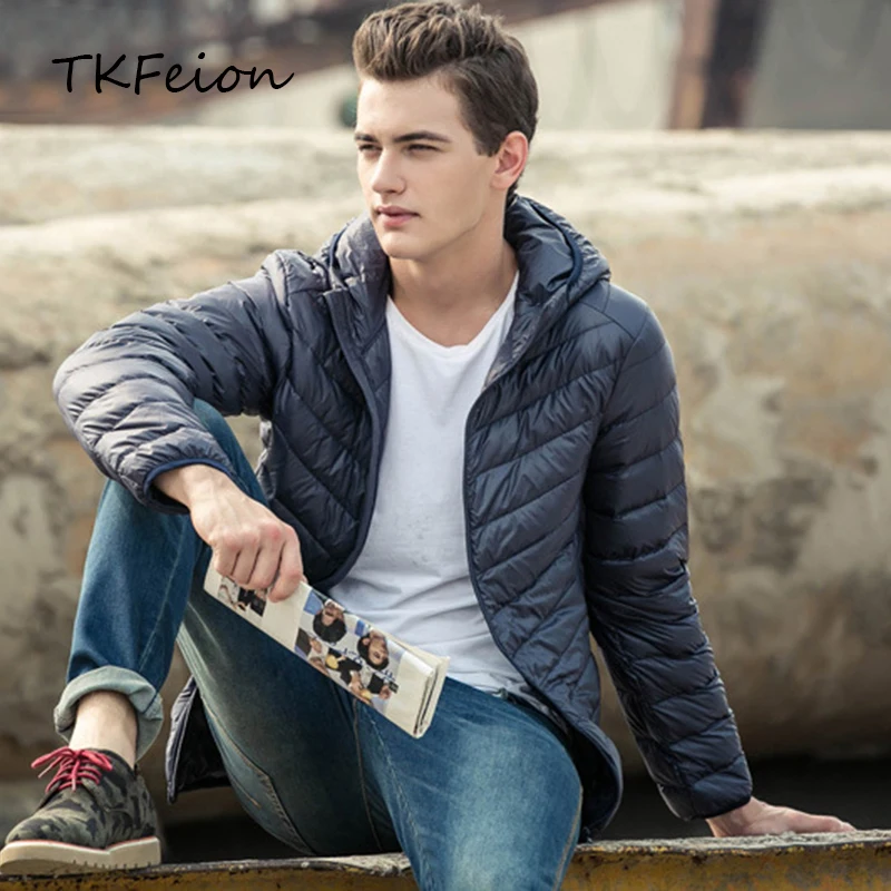 

2019 Spring/Autumn Mens Hooded Jackets Warm Duck Down Fashion Light Thin Style Stand Collar Plus 5XL 6XL 7XL Male Basic Coats