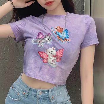 

SEASONS Tie Dye Cute Cat Print Crop Top T Shirt Fashion Summer Casual Short Sleeve T-shirt Ladies Purple Streetwear ASTS81361