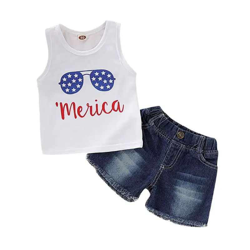 

Infant Toddler Baby Girl&Boy 4th of July American Flag Outfits Set Top+Denim Shorts Pants 090B