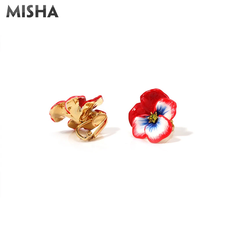 Clip Earrings MISHA, новые женские ювелирные наборы, эмалированная глазурь, красные анютины глазки, брошь и серьги, высокое качество, ручная работа, Свадебные Ювелирные наборы 2049 - Окраска металла: Clip Earrings