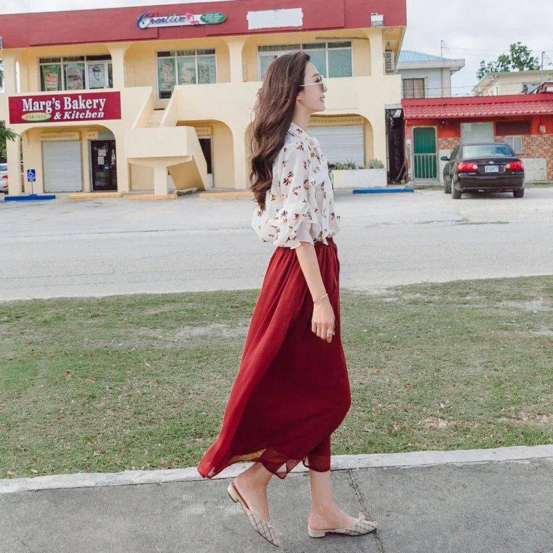

Photo Shoot 2019 Summer New Style Korean-style Loose Casual Versatile Chiffon Shirt Skirt Two-Piece Women's