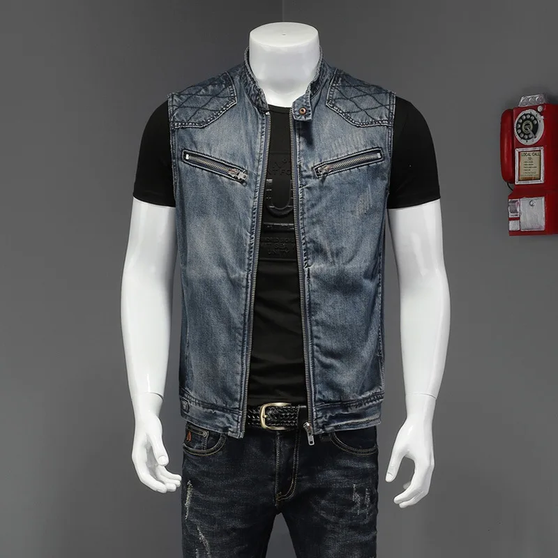 Men's Biker Jean Vest Zippers Stand Collar Cotton Denim Waistcoat Plus Size Sleeveless Tank Top 3