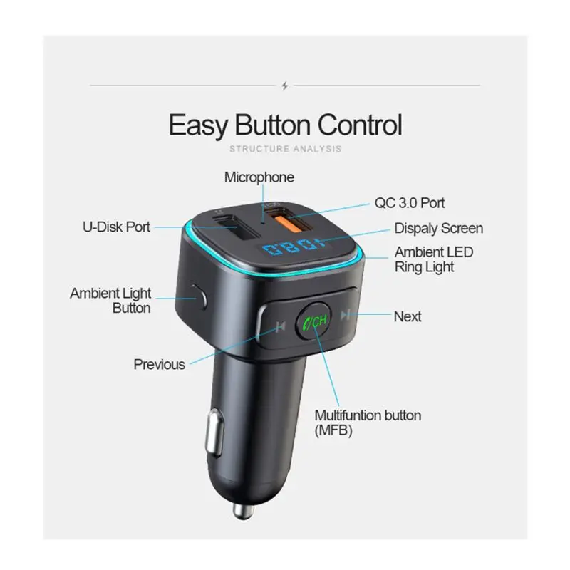 T46Q Bluetooth автомобильный адаптер MP3 цветная атмосферная лампа fm передатчик QC3.0