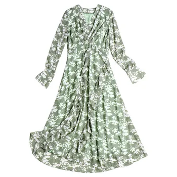 

Spring Dress Women 2020 New Fashion Printed V Neck Long Sleeve Slim A-Line Green Red Dress Female S-XL