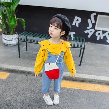 

Children's clothing autumn new 2019 girls foreign denim suspender pants suit small children's baby long sleeve two-piece tide
