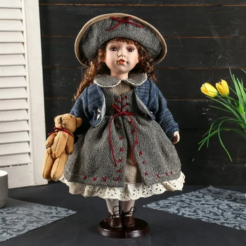 

Doll collection ceramics "Lilya in a vintage dress, with a hat and a bear" 40 cm 4520527