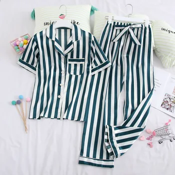 

2020 Spring New Short Sleeve Satin Women Pajamas Stripe Fashion Sleepwear