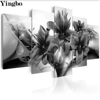 

5 Panel 5d DIY Diamond painting black white lily flower cross stitch Square/round Mosaic Multi-pictures Diamond Embroidery icons