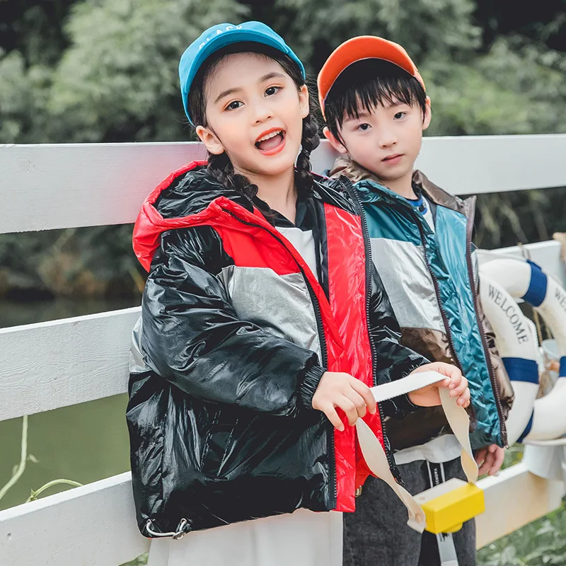

Children's Down Jacket Garments Boys & Girls Color Blocking Bright Face Thickened Short Coat Outerwear Kids Hooded Overcoat B367