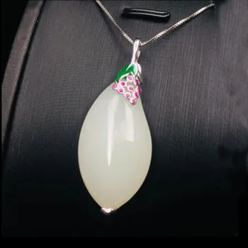 

Real 925 Silver White HeTian Jade Water Drop Gems 17*33mm Design Lucky Pendant + Chain Necklace For Women Fine Jewelry