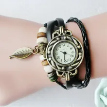 Женские винтажные часы, браслет, наручные часы с подвеской в виде листа, кожаный браслет, дамские женские наручные часы, подарок, женские часы
