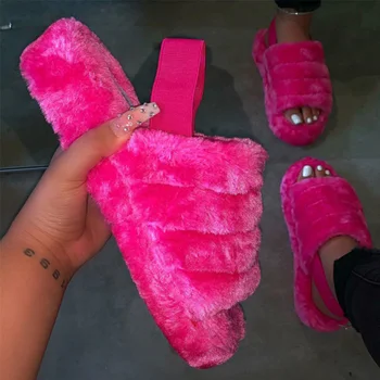 

Women Fur Plush Slippers Furry Candy Color Ladies Flats Sandals Female Shoes Elasitic Band Comfort Indoor Women's Shoes 2020 New