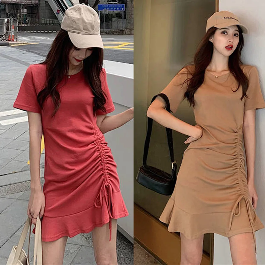 Jaycosin Fashion Summer Casual O-Neck Short Sleeve Elegant Women Summer Long Dress Ladies Slim Thin Solid Ruffles Knee Dress 319