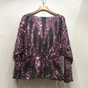 

Retro Woman Bling Tshirt Sequined Female T-shirts Long Sleeve Bling Vintage Tee Female Pullover Top