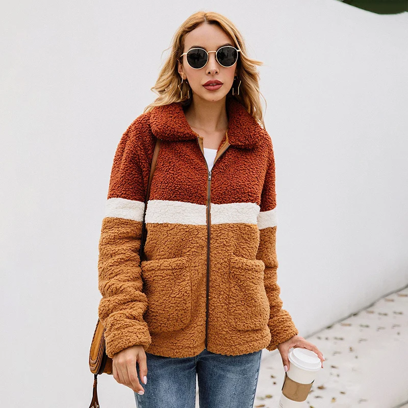 Плюшевый пиджак женские шубы из искусственного меха осенняя куртка Shaggy Colorblock сплайсинга молнии с отложным воротником длинный рукав Уличная