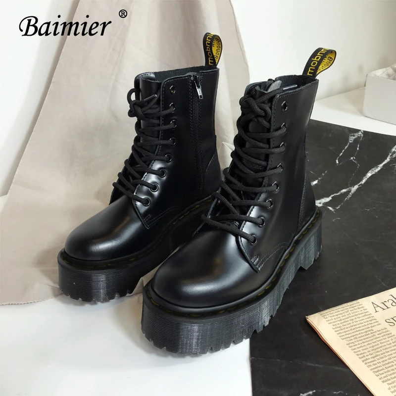 Черные ботильоны Baimier из лакированной кожи для женщин ботинки на платформе со