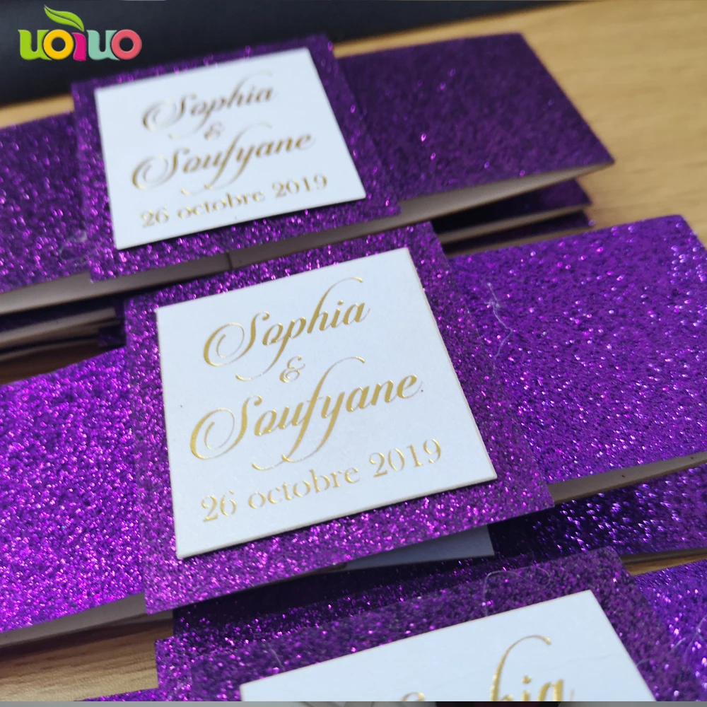 

hot sale paper customized glitter purple small tag card ,DIY glitter paper silver band with free logo