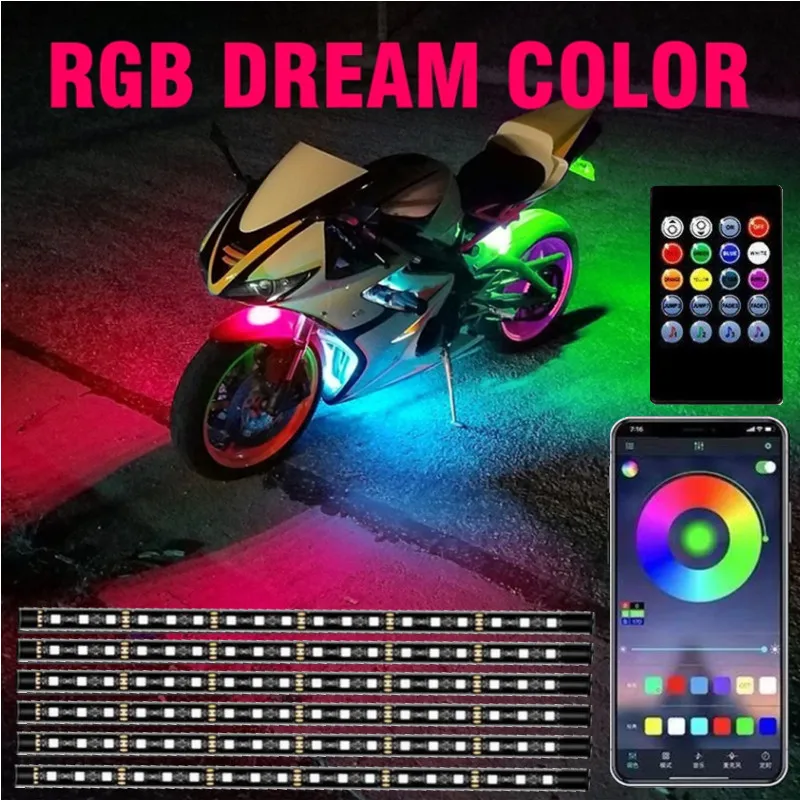 

1set RGB LED Car Dream Color Underglow Underbody Strip Light For Motorcycle Universal Atmosphere Lamp With APP Control 12V