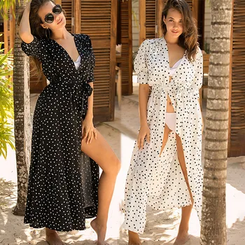 

NODELAY Dots Print Beach Wear V-neck Bikini Cover Up Women 2020 Long Pareos BOHEMIA Beach Dress Tunic Female Swimsuit Cover-Ups