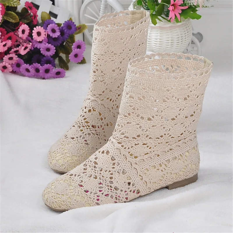 spring and autumn knitted hollow boots flat bottom mesh high / low tube breathable fashion lace boots women's shoes