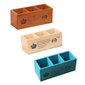 

Rectangular Retro Wooden TV Remote Control Pen Phone Holder 3 Grid Organizer Case Box Storage