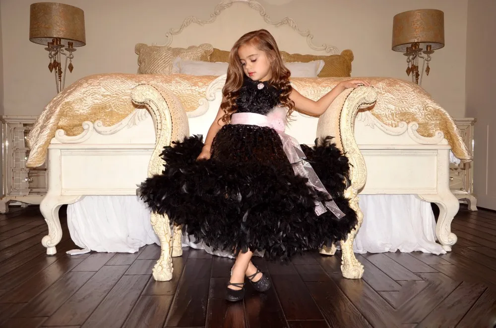 A Dreamy Party Dress Halter Pink Sash Black Feather A Line Ankle Length Girl Kid Pageant Dresses