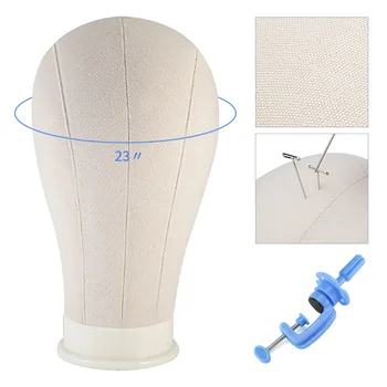 

23'' White Canvas Block Head Training Head Mannequin Head Wig Making Display Styling Manikin Head Wig Accessories + Blue Clamp