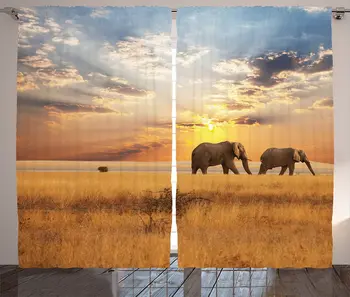 

Safari Curtains Elephants Distinct Species Sun Rays Untouched Land Fall Scene Picture Living Room Bedroom Window Drapes Pale
