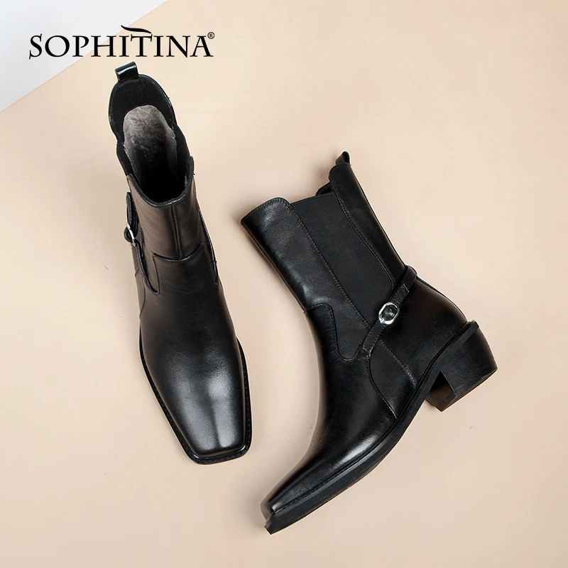 

SOPHITINA Women Ankle Boots Casual Premium Leather Buckle Chelsea Slip-On Boots Square Toe Mid Heel Fashion Women's Shoes C891