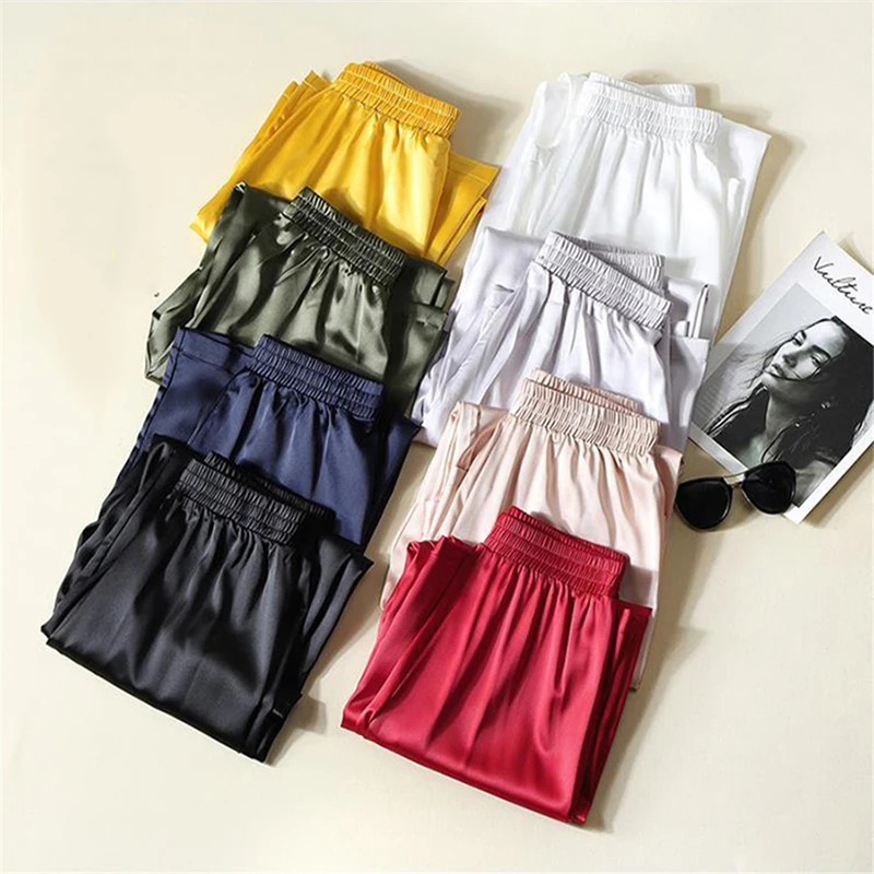 

New High Waist Baggy Solid Ice Silk Wide Leg Pants Women's Elegant Style Pants Female Classic Imitat Satin Wide Leg Trousers