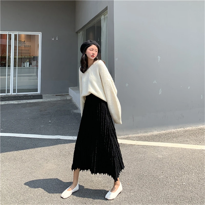BGTEEVER Casual High Waist Striped Maxi Knitted Female Skirts Autumn Winter Elastic Waist A-line Thick Women Sweater Skirt
