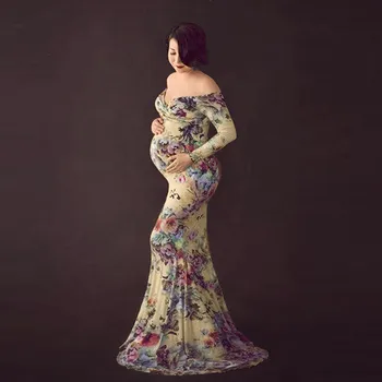 

Women Pregnants Photography Props Off Shoulder Long Sleeve Maternity Print Dress