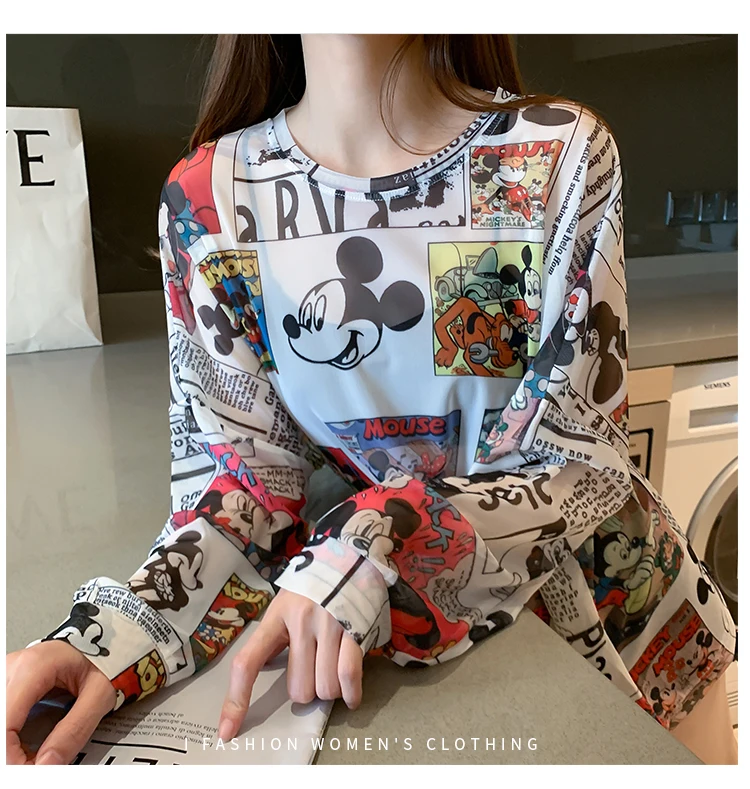 Disney 2021 Summer Famous Anime Mickey Mouse Brand Mesh Shirt Women Sun Protection Transparent Long Sleeve Blouse Ladies T-shirt