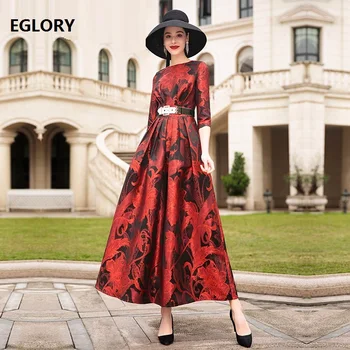 

Ball Gown Long Dress 2020 Spring Party Evening Vestidos Women O-Neck Red Jacquard Flower Print 3/4 Sleeve Elegant Party Gown 3XL