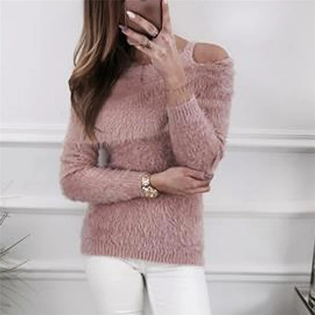 Ropa 2019 Pullover Sweater Women Solid Fluffy Jumper Cold Shoulder Long Sleeve Pullover Tops _ - AliExpress