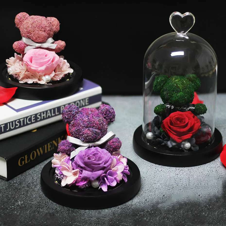 

Eternal Preserved Fresh Rose Lovely Teddy Bear Molding LED Light In A Flask Immortal Rose Valentine's Day Mother's Day Gifts