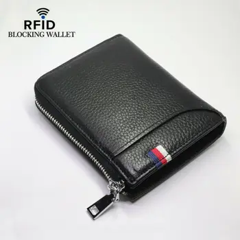 

2019 Newest Hot 100% Genuine Leather Men's Zipper Wallet RFID Blocking ID Card Holder Money Clip Man Anti-theft Coin Purse