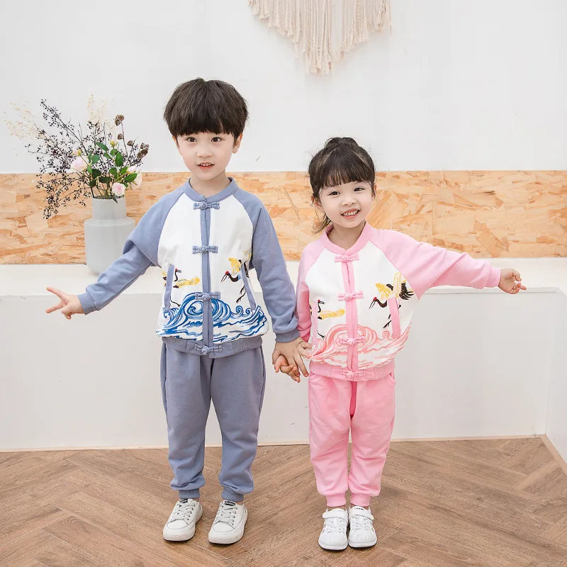 

Men And Women Children Autumn Chinese Clothing Set Children Chinese-style Chinese Costume Two-Piece Set Chinese Style Retro Spor