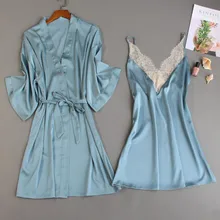 Шелковый Атласный Женский халат и платье наборы Лето 2 шт платье для сна халат сексуальная пижама ночная рубашка Домашняя одежда нижнее белье