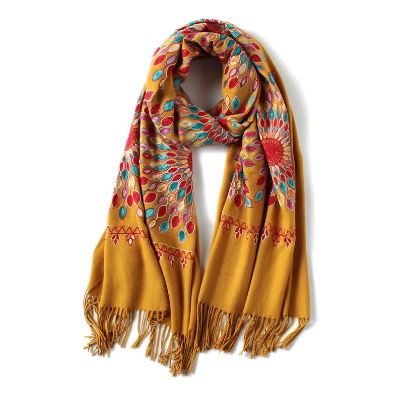 Зимний шарф для женщин с вышивкой в винтажном стиле; толстые теплые кашемировые шарфы шали и пашмины Дамская Бандана шаль