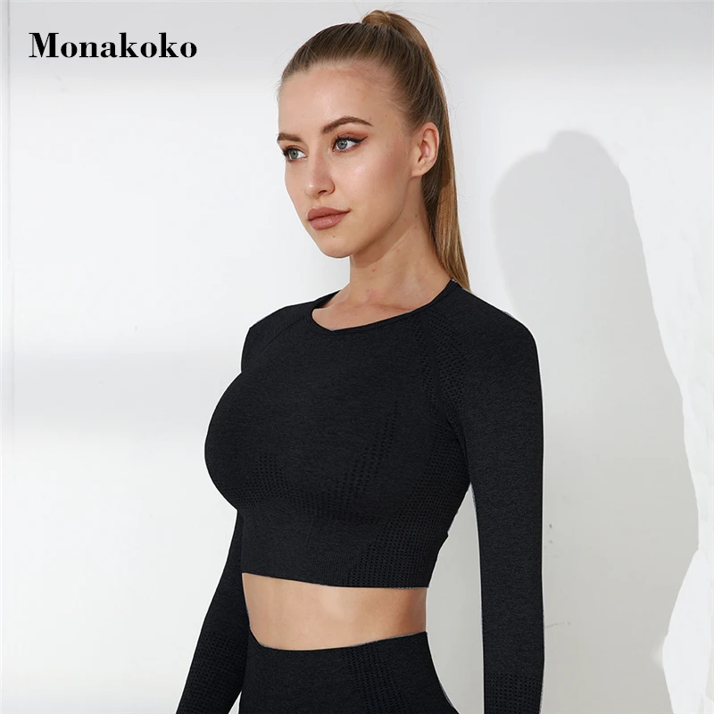 Monakoko бесшовный укороченный топ для йоги Женский хлопковый с длинным рукавом и