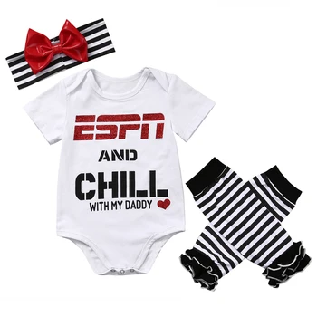 

0-18M 3 pcs set Newborn Baby Girl white letter printed short sleeve Bodysuit striped Leg Warmers bow-knot striped Headband