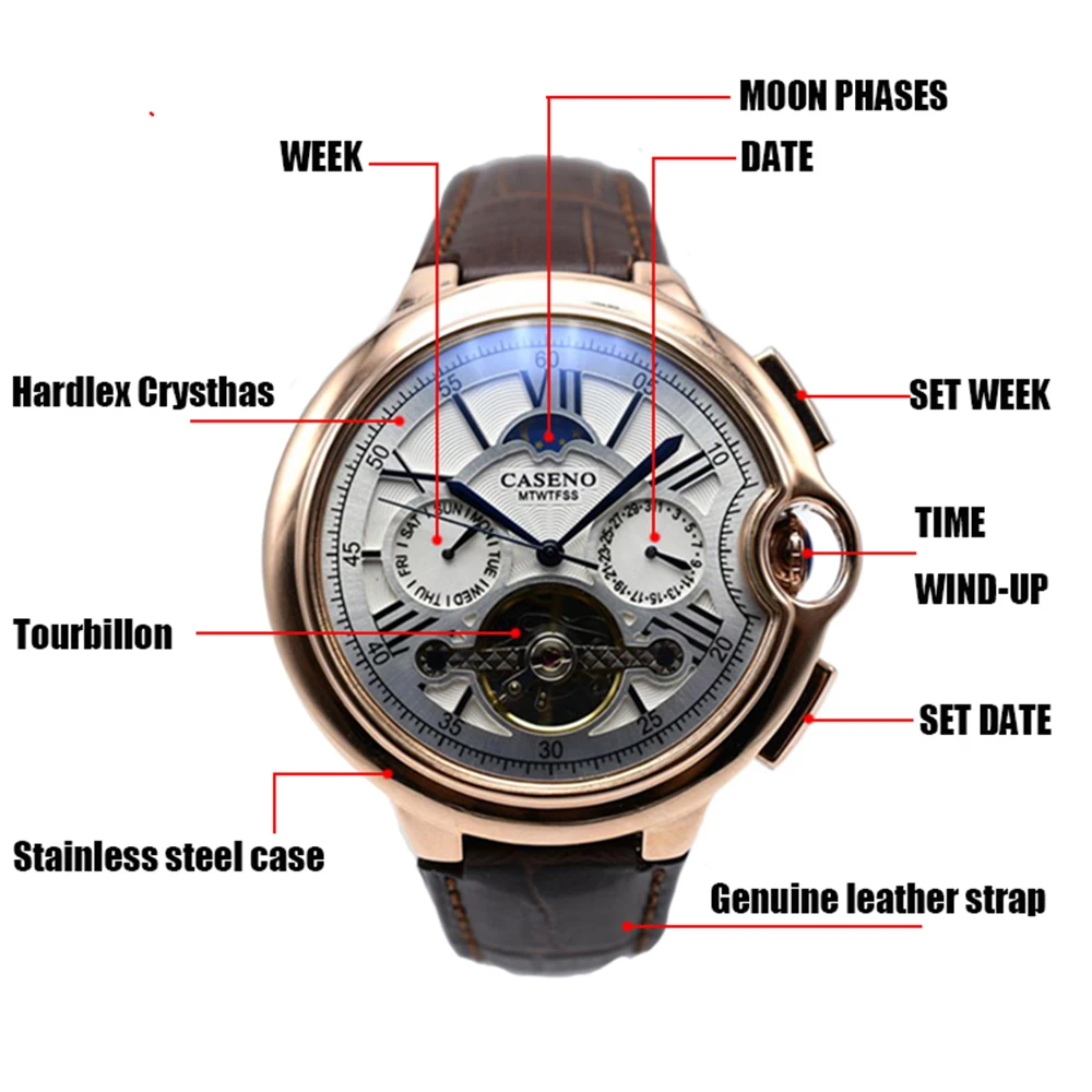 Tourbillon Mens Automatic Mechanical Wristwatch Skeleton Sport Watch Belt Watch mechanical watch