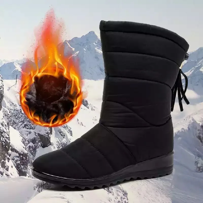 Botas de nieve de las mujeres caliente-Botas de invierno Mujer Zapatos impermeables cuñas zapatos Slip-On liso de felpa de la Plataforma de las mujeres botas