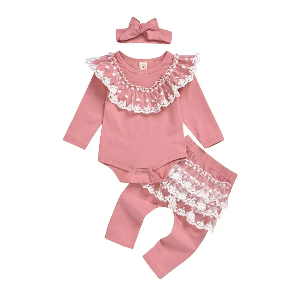 3PCS Toddler Kids Baby Girl Infant Clothes T-shirt Lace Top Romper Pants Outfit Clothing