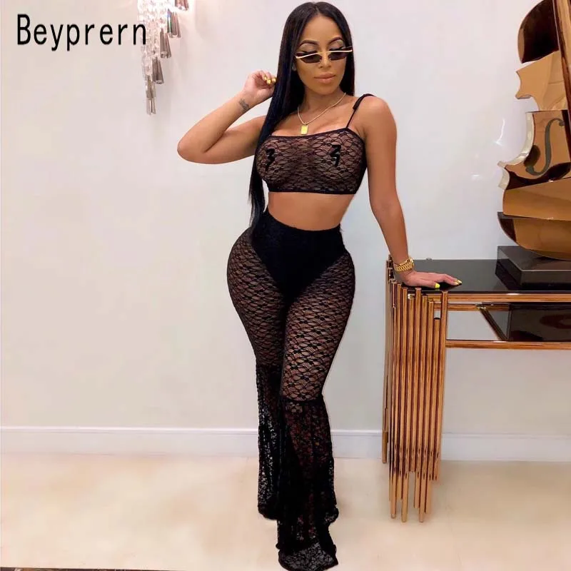 

Beyprern Chic Mesh Lace Bell Pants Set Women Sexy See Through Black Lace Matching Pant Set 2 Pieces Night Out Overalls Wholesale